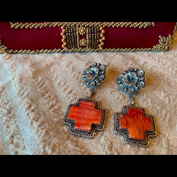 Southwest sterling & coral 2” pierced earrings❣️ - Picture 3 of 5